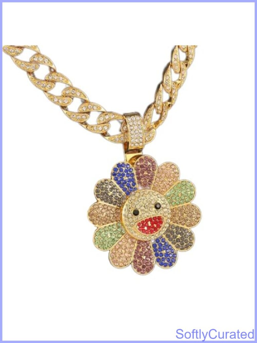 Cuban Chain Necklace Smiling Face Pendant Rotatable 23.6 in Hip Hop